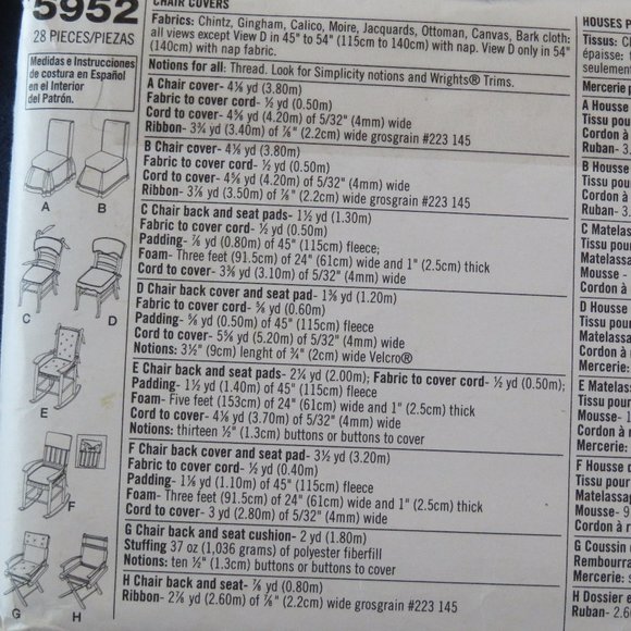 SIMPLICITY 5952 CHAIR Covers & Chair Pads UNCUT English/Spanish (916) - Picture 6 of 6